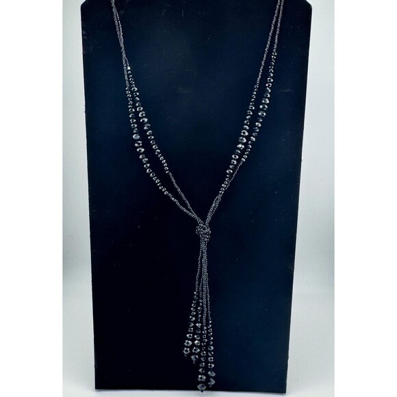 Vintage Black Beaded Layered Necklace Tassel Lariat Monochromatic Retro - Picture 10 of 11